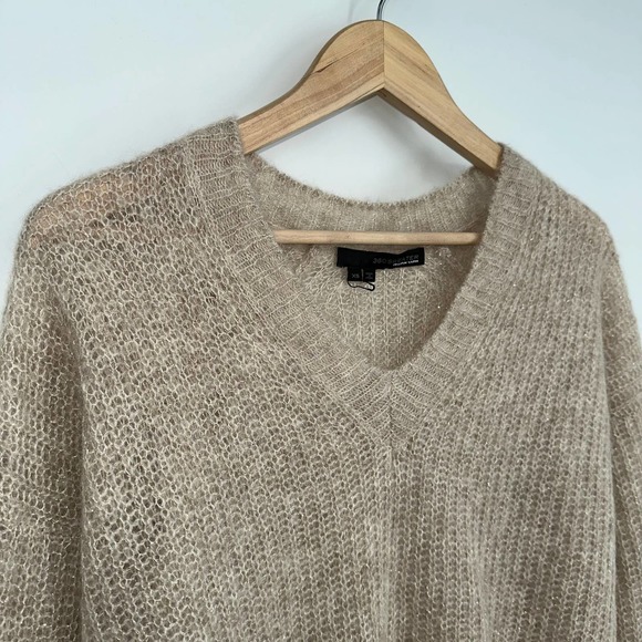 360 Sweater Alpaca Wool Blend Sparkle V Neck Sweater, Tan/ Gold - Picture 4 of 9